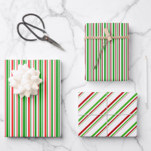 Green, White, Red Colored Christmas Style Stripes Wrapping Paper Sheet