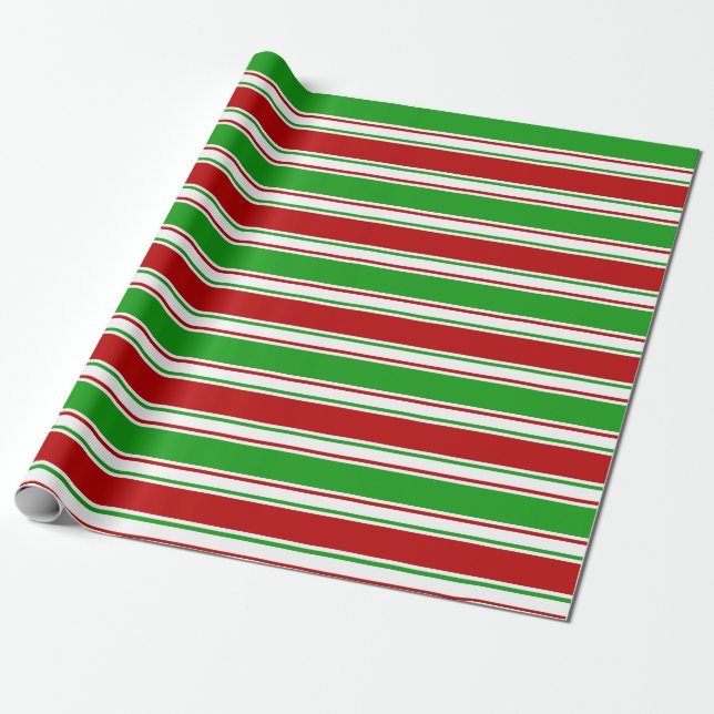 Green, White, Red Coloured Christmas-Style Lines Wrapping Paper (Unrolled)
