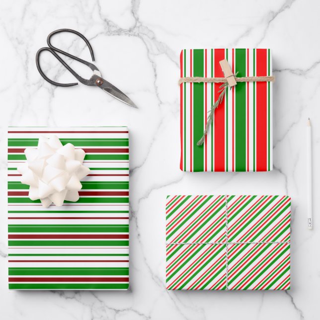 Green, White, Red Coloured Christmas-Style Pattern Wrapping Paper Sheet (Front)