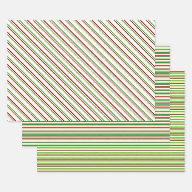 Green, White, Red Coloured Christmas Style Stripes Wrapping Paper Sheet (Set)