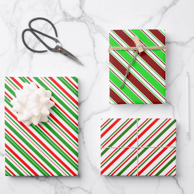 Green, White, Red Coloured Christmas-Themed Lines Wrapping Paper Sheet (Front)