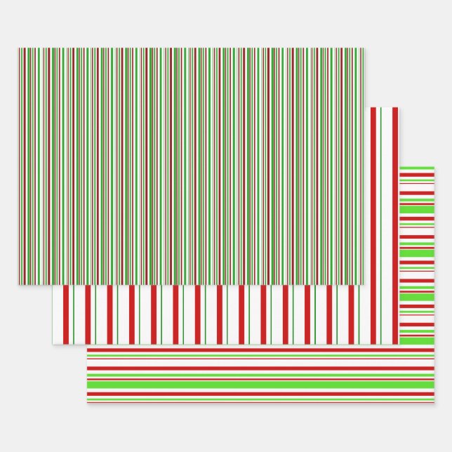Green, White, Red Coloured Christmas Themed Lines Wrapping Paper Sheet (Set)