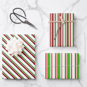 Green, White, Red Coloured Christmas-Themed Lines Wrapping Paper Sheet