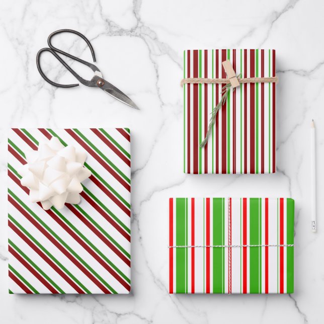Green, White, Red Coloured Christmas-Themed Lines Wrapping Paper Sheet (Front)