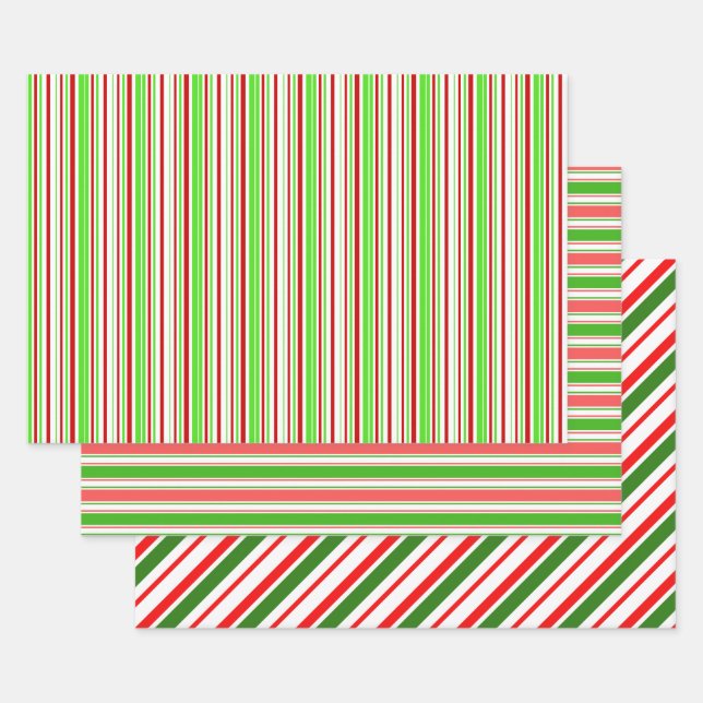 Green, White, Red Coloured Christmas Themed Lines Wrapping Paper Sheet (Set)