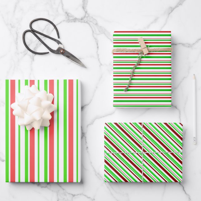 Green, White, Red Coloured Christmas-Themed Lines Wrapping Paper Sheet (Front)