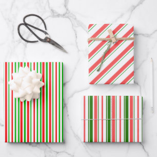 Green, White, Red Coloured Christmas-Themed Lines Wrapping Paper Sheet