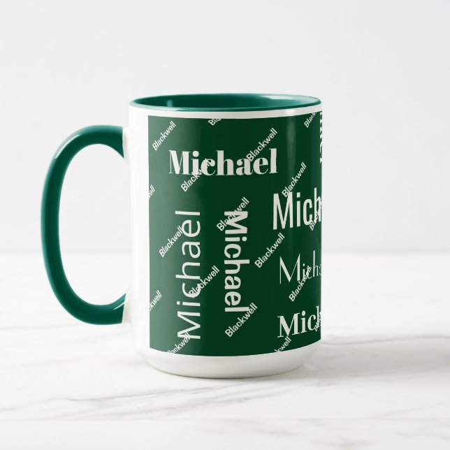 Green & White Repeating First & Last Name Monogram Mug (Left)