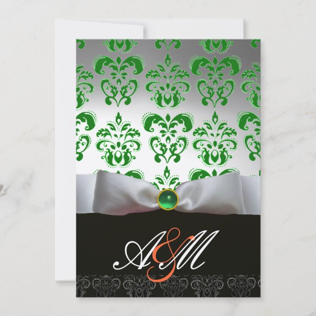 GREEN WHITE RIBBON & BLACK DAMASK MONOGRAM Gold Invitation (Front)