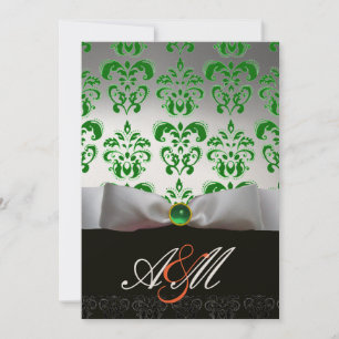 GREEN WHITE RIBBON & BLACK DAMASK MONOGRAM Gold Invitation
