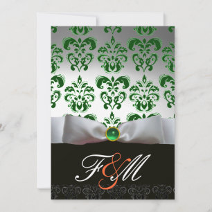 GREEN WHITE RIBBON & BLACK DAMASK MONOGRAM Orange Invitation