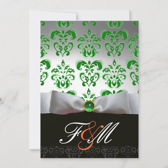 GREEN WHITE RIBBON & BLACK DAMASK MONOGRAM Orange Invitation (Front)