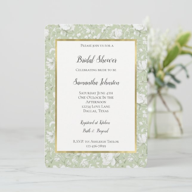 Green White Romantic Floral Bridal Shower  Invitation (Standing Front)