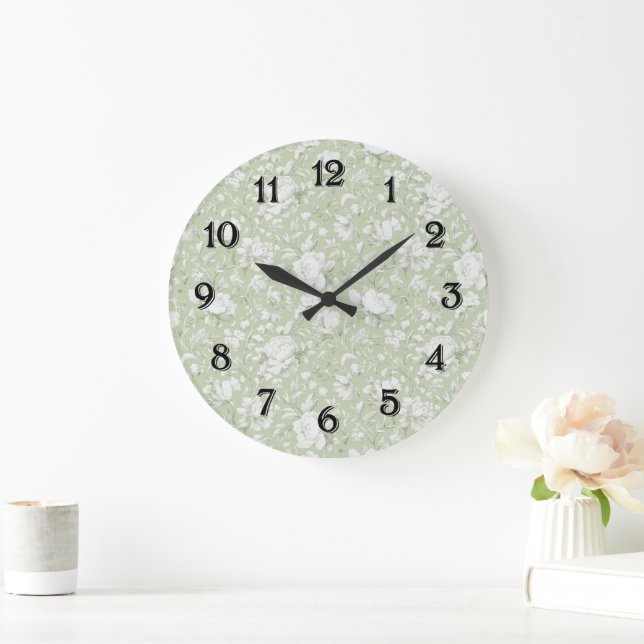 Green White Romantic Floral Bridal Shower Large Clock (Home)