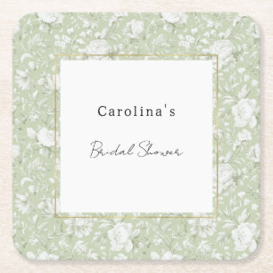 Green White Romantic Floral Bridal Shower Square Paper Coaster