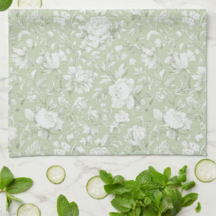 Green White Romantic Floral   Tea Towel