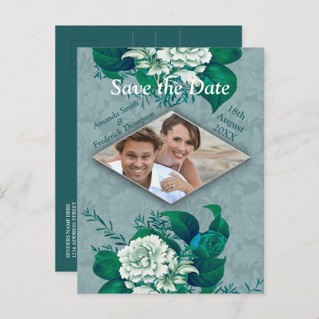 Green/ White Rose Flowers on Green pattern paper  Announcement Postcard (Front/Back)