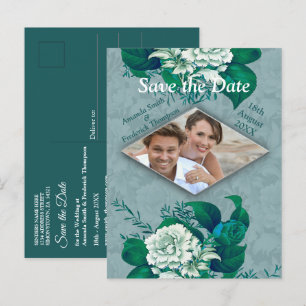 Green/ White Rose Flowers on Green pattern paper  Announcement Postcard