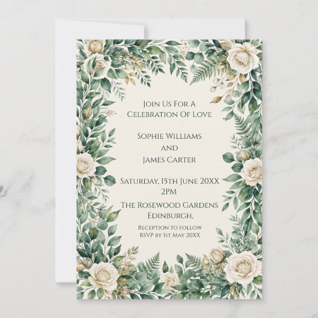 Green White Rose Wedding Invitation (Front)