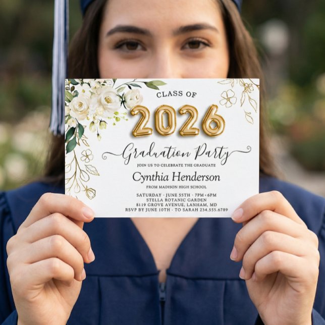 Green White Roses Floral Class of 2025 Graduation Invitation (Creator Uploaded)