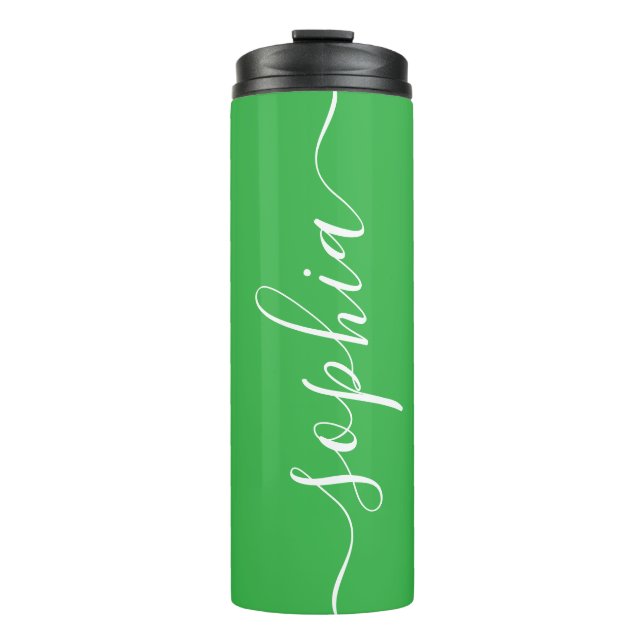 Green White Script Custom Name Thermal Tumbler (Front)
