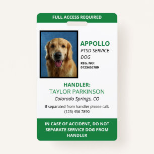 Green White Service Dog Photo ID Badge