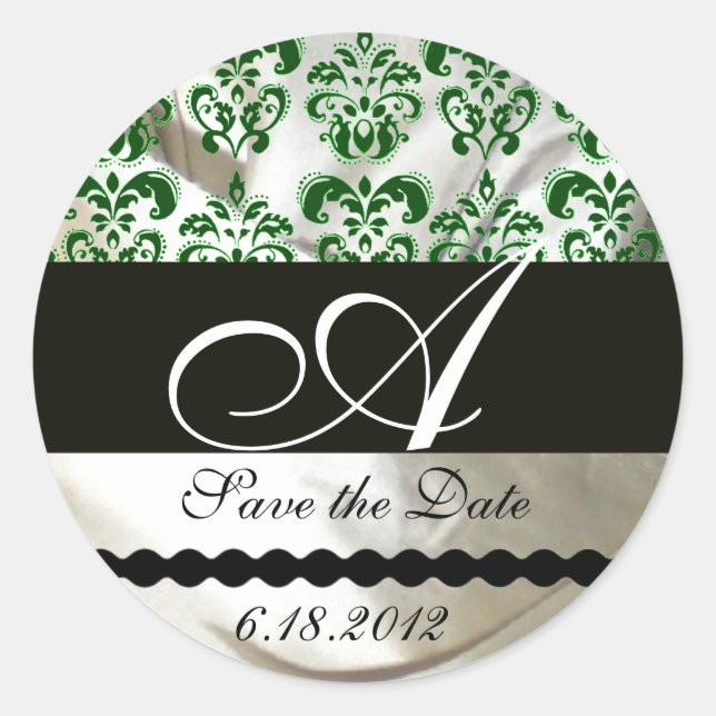 GREEN & WHITE SILK DAMASK CLOTH MONOGRAM CLASSIC ROUND STICKER (Front)