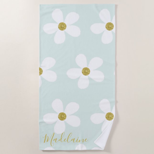 Green White Simple Daisy Gold Personal Beach Towel (Front)