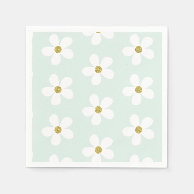 Green White Simple Daisy Pattern  Gold Napkin (Front)