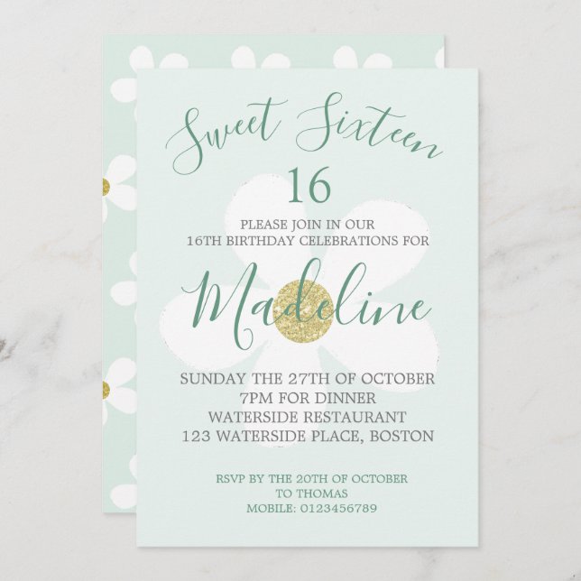 Green White Simple Daisy Sweet Sixteen Chic Invitation (Front/Back)