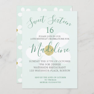 Green White Simple Daisy Sweet Sixteen Chic Invitation