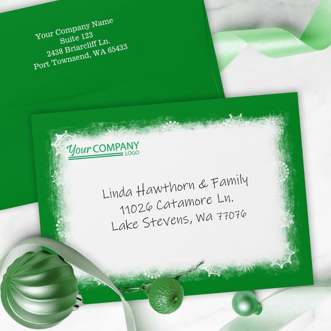 Green White Snowflakes Company Logo Pre-Addressed Envelope (green logo green company Christmas card envelopes, holiday greetings, clients employees, mailing)