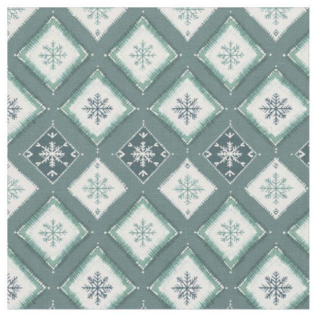 Green & White Snowflakes in Diamonds Fabric (Close Up)