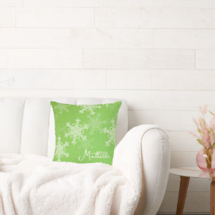 Green White Snowflakes Minimalist Christmas Name Cushion