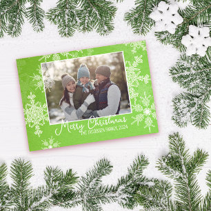 Green White Snowflakes Minimalist Christmas Photo Holiday Card