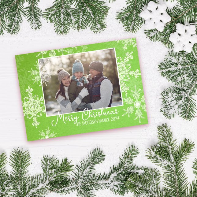 Green White Snowflakes Minimalist Christmas Photo Holiday Card (Creator Uploaded)