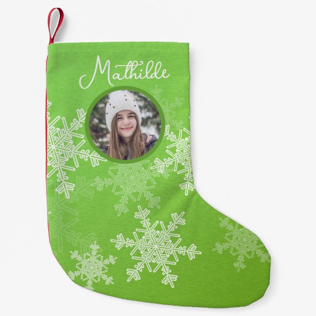 Green White Snowflakes Minimalist Christmas Photo Small Christmas Stocking (Front)