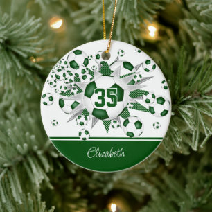 Green white soccer balls stars commemorative year ceramic tree decoration