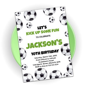 Green White Soccer Birthday Invitations