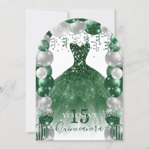 Green White Sparkle Dress Quinceañera Balloon Invitation