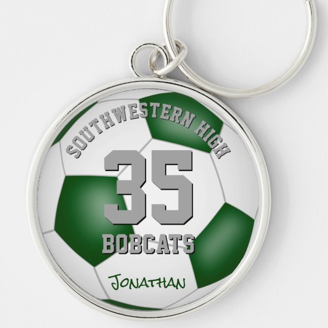 green white sporty team colours boys girls soccer key ring (Front)