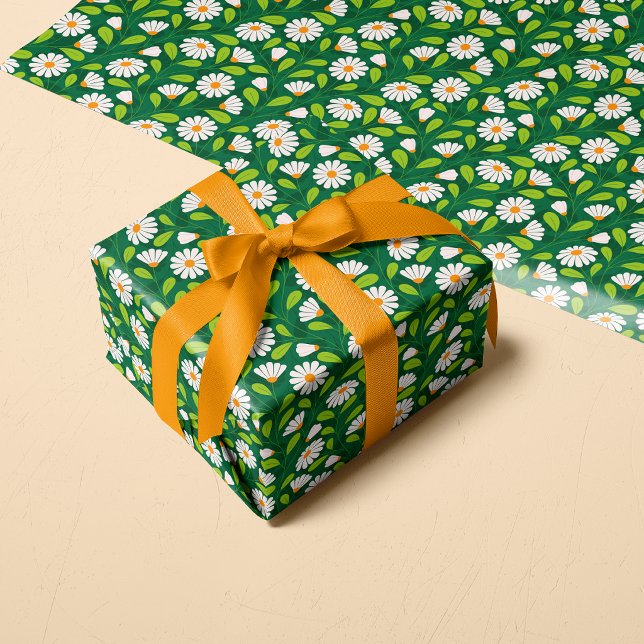Green & White Spring Daisies & Vine Pattern Wrapping Paper (Creator Uploaded)