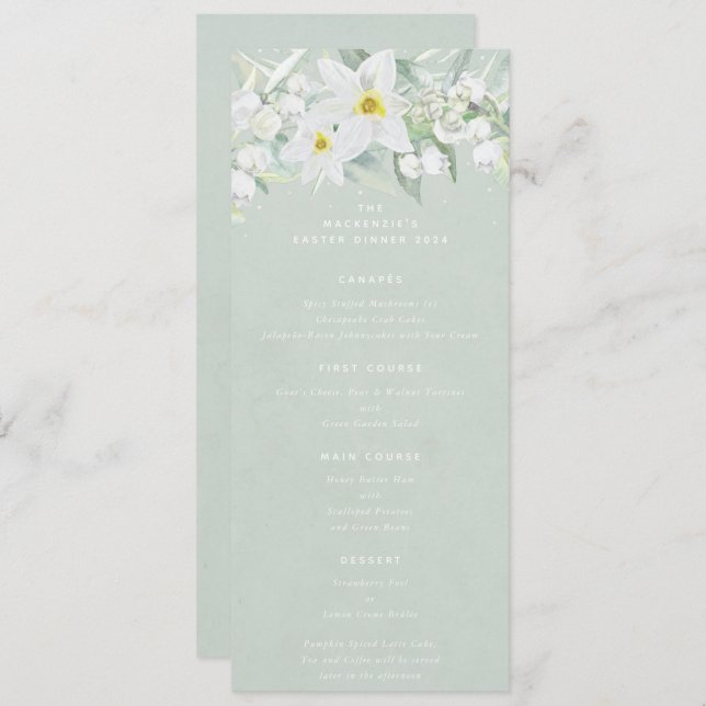 Green White Spring Florals Flat 4 Course Easter Menu (Front/Back)