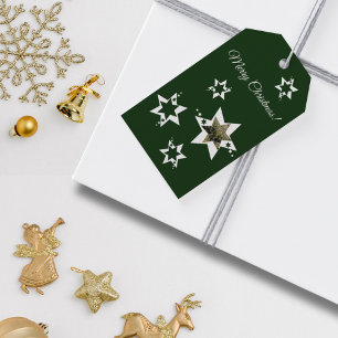 Green & White Stars Merry Christmas Custom Photo Gift Tags