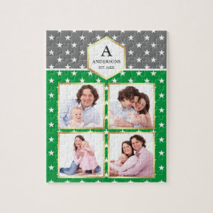 Green White Stars Pattern Family Photo Collage Jigsaw Puzzle
