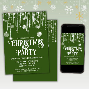 Green White String Lights Christmas Holiday Party Invitation