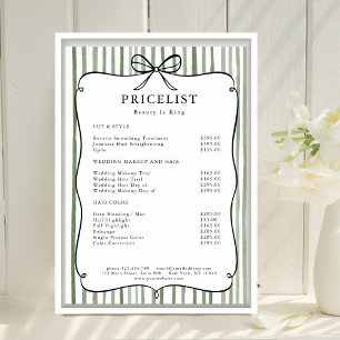 Green White Stripe Vintage Bow Price List Poster