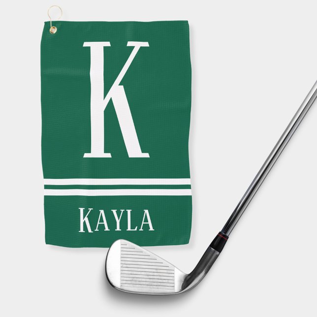 Green & White Striped Monogram Name Golf Towel (Creator Uploaded)