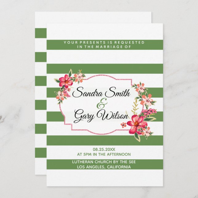 Green White Stripes And Colourful Bouquet Wedding Invitation (Front/Back)