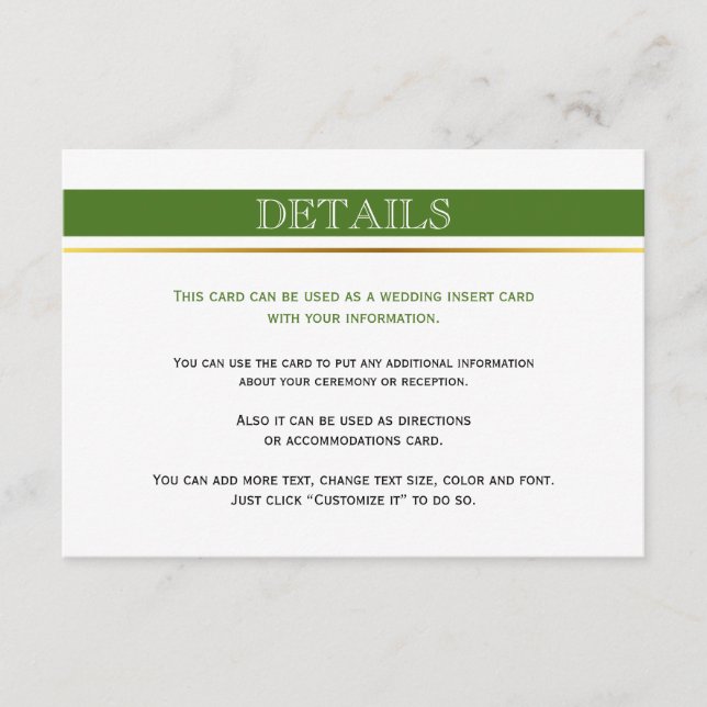 Green & white stripes gold wedding insert card (Front)